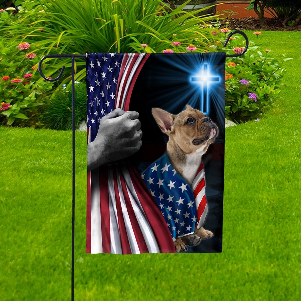 Hand Pulling USA Flag French Bulldog Dog Wearing Flag American Standing under Cross Christian Patriotic House Flag (3x5) Double Sided- Premium Polyester-Decorative Indoor Outdoor Flag