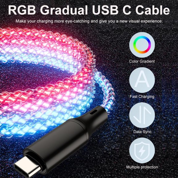 NDIUG-USB to USB C Cable, 3ft LED RGB Light Up USB Type C Carplay Charger Cable