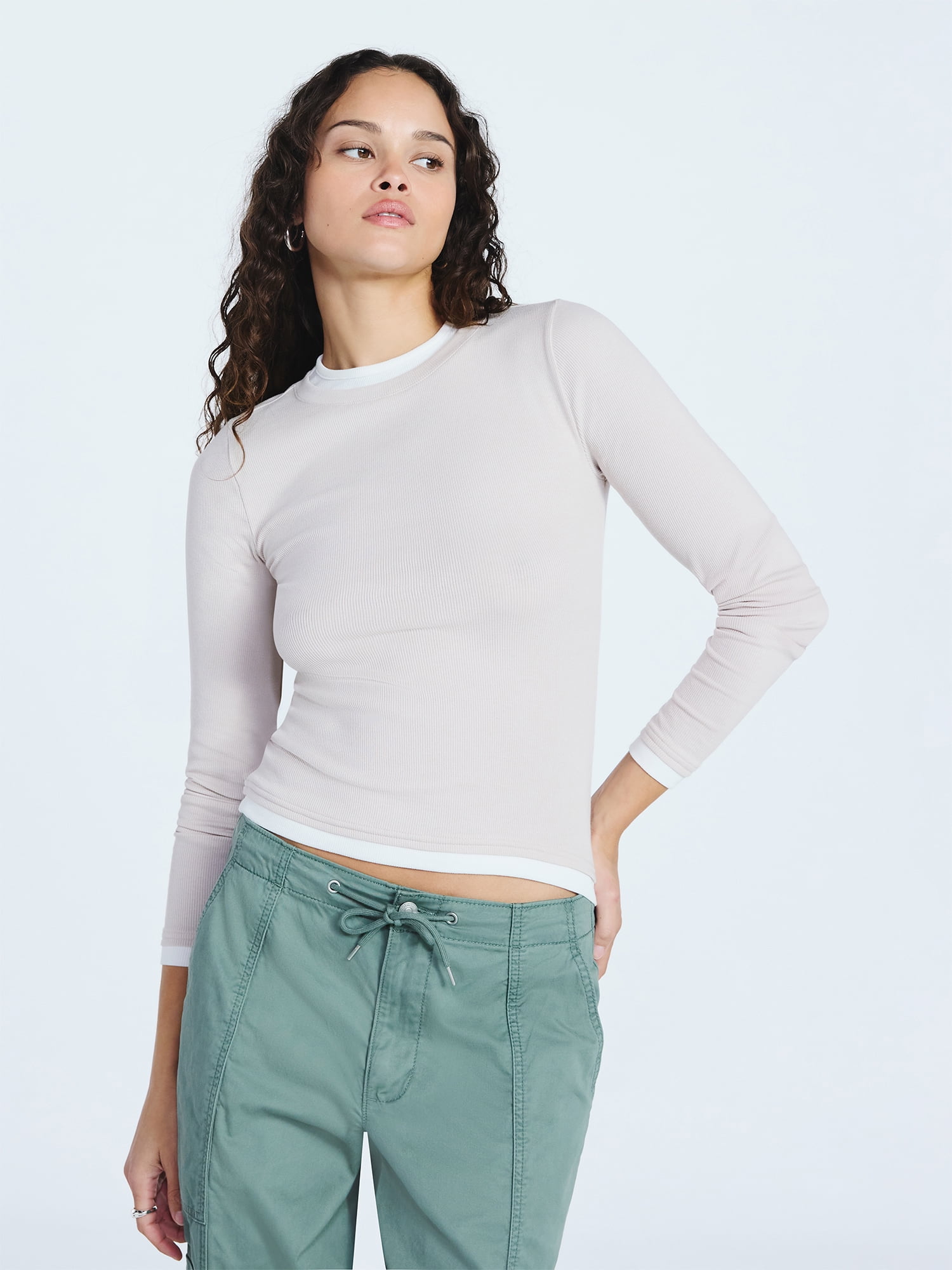 Scoop Women's Double Layer Rib Tee with Long Sleeves, Sizes XS-XXL