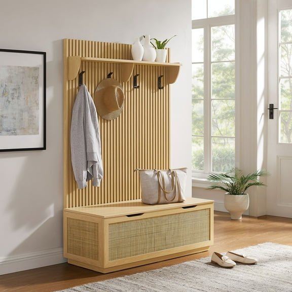 Modway Soma Fluted 3-in-1 Hall Tree with Storage Bench & Coat Rack in Light Oak