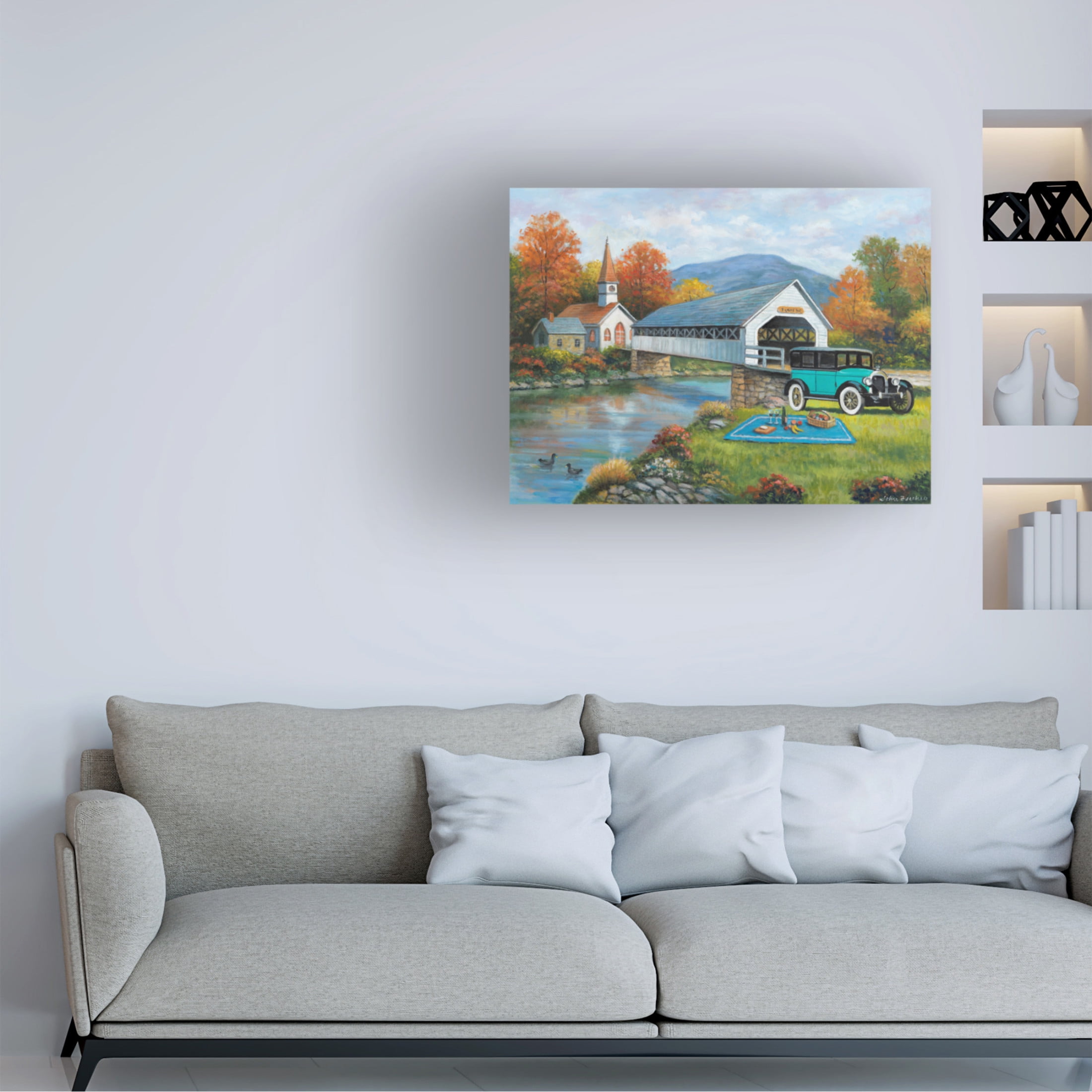 Canvas Wall Art - John Zaccheo 'Picnic By The Bridge' Wall Art for Living Room, Bedroom, or Office Décor by Trademark Fine Art - 32 x 24 Inches