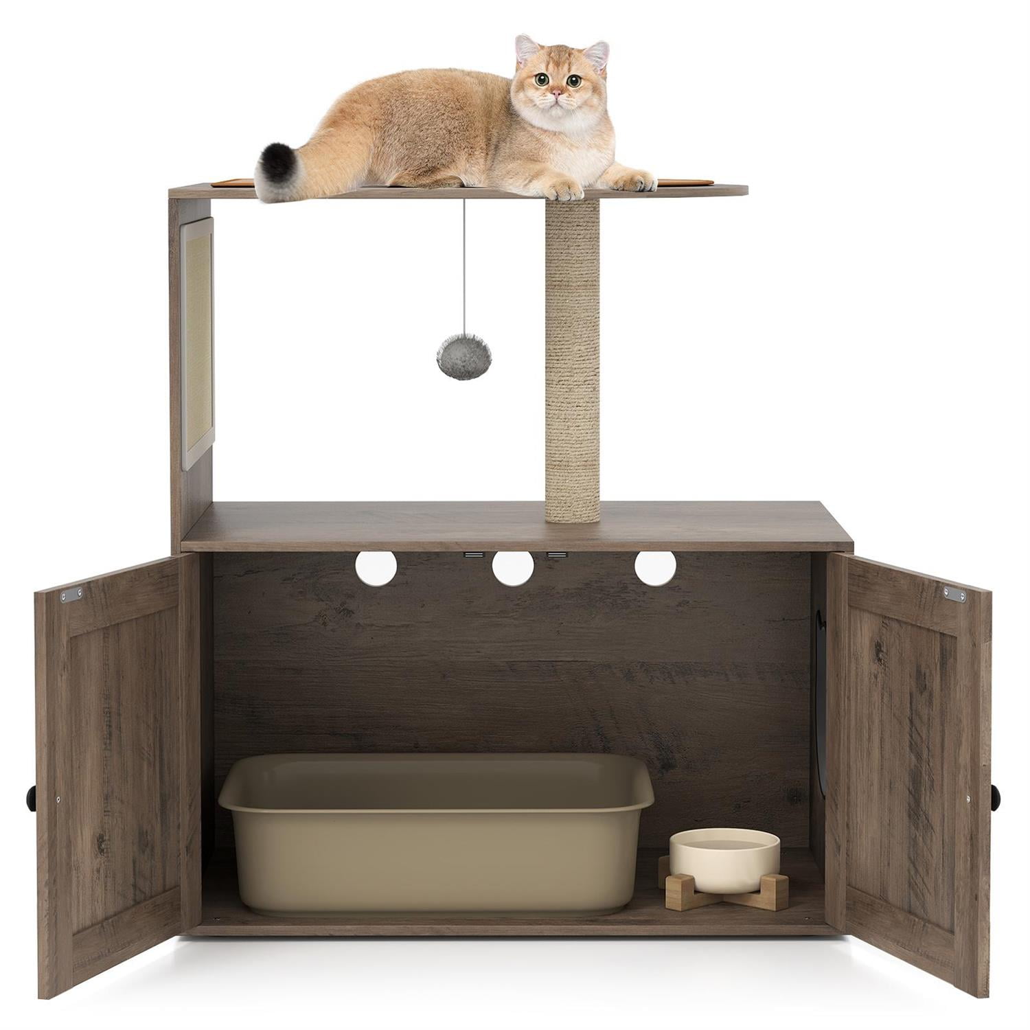 Pefilos 34.5" Cat Tree with Litter Box Enclosure, Sisal Scratching Post & Mat, Top Perch, Gray