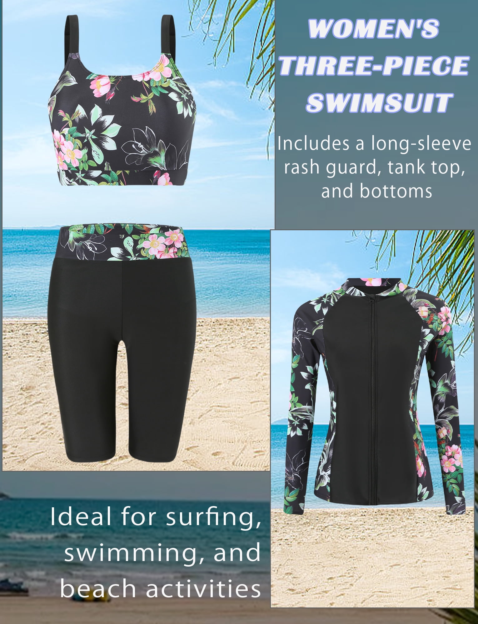 FEOYA Women's 3 Piece Rash Guard Built-in Bra Long Sleeve Athletic Swimsuits Zip up Bathing Suits Modest Swimwear with Shorts Swim Shorts Top Shirt L