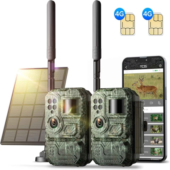 CAMPARK 2 Pack Cellular Trail Camera, Solar Panel 1080P Game Deer Cameras Built-in 4G LTE SIM Card, Cloud Storage, Night Vision Hunting Cam