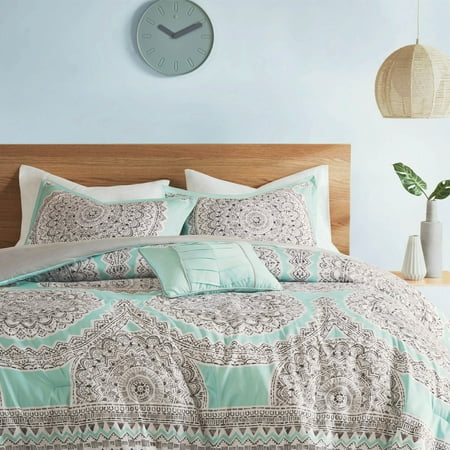 Comfort Spaces 4-Piece Dorm Comforter Sets Medallion Print Microfiber Full/Queen Bedding Set Aqua