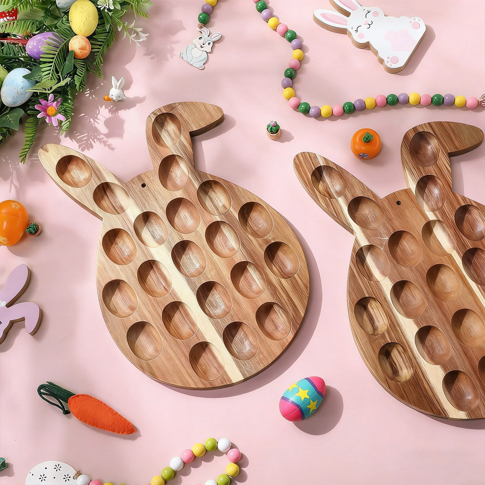 YIFAEUX Easter Deviled Egg Platter Bunny Shape Wooden Serving Tray 21 Holes Deviled Eggs Holder Serving Platter for Easter Party Spring Holiday