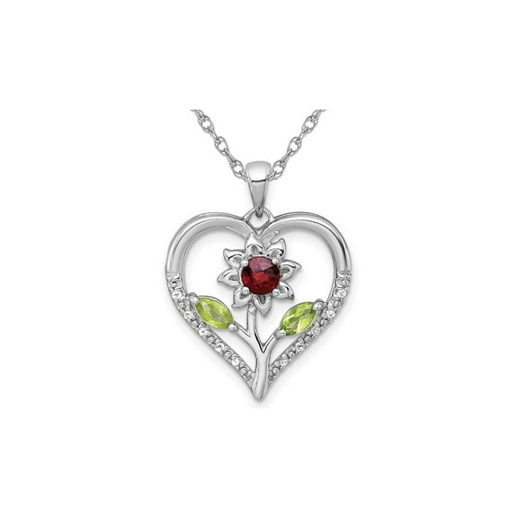 3/4 Carat (Ctw) Garnet, Peridot and White Topaz Flower Heart Pendant Necklace in Sterling Silver with Chain for Women