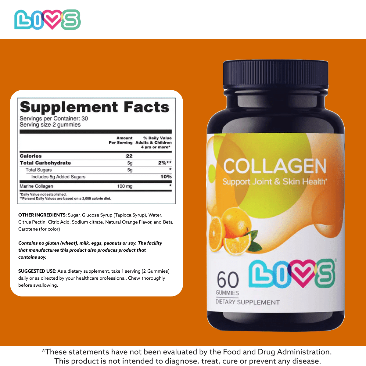 LIVS Marine Collagen Peptides Gummies for Women & Men, Hydrolyzed Supplement for Skin & Joints, Natural Orange Flavor, 120 Count with 60 Servings