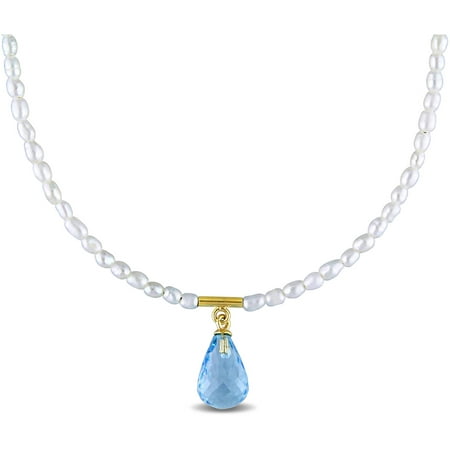 Tangelo 1.5-2.5mm White Rice Cultured Freshwater Pearl and 2-4/5 Carat T.G.W. Blue Topaz Yellow Rhodium-Plated Sterling Silver Multi-Strand Beaded Necklace, 17