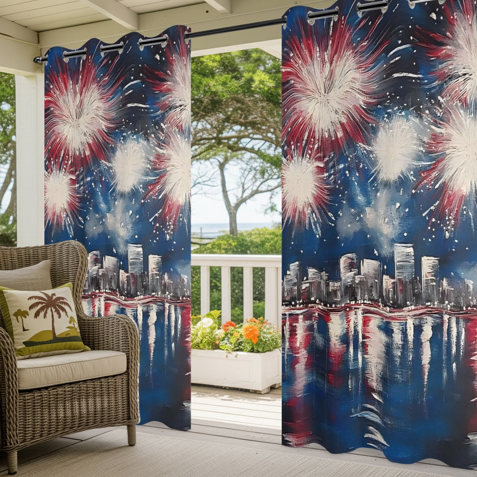 Independence Day Outdoor Curtains for Patio, Fireworks City Night Scene Patriotic Sunshade Privacy Drapes Grommet Waterproof Outside Curtains for Porch/Cabana/Balcony 54"x 108", 1 Panel