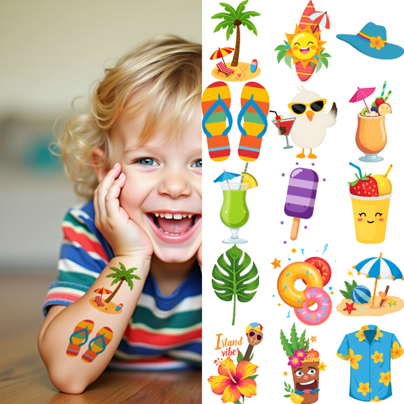 54 Temporary Tattoo Stickers Waterproof Long Lasting Body Stickers Hawaiian Beach Coconut Tree Ice Cream Swim Ring Kids Boys Girls Tattoo Stickers Arm Arm Forearm Shoulder Cheek