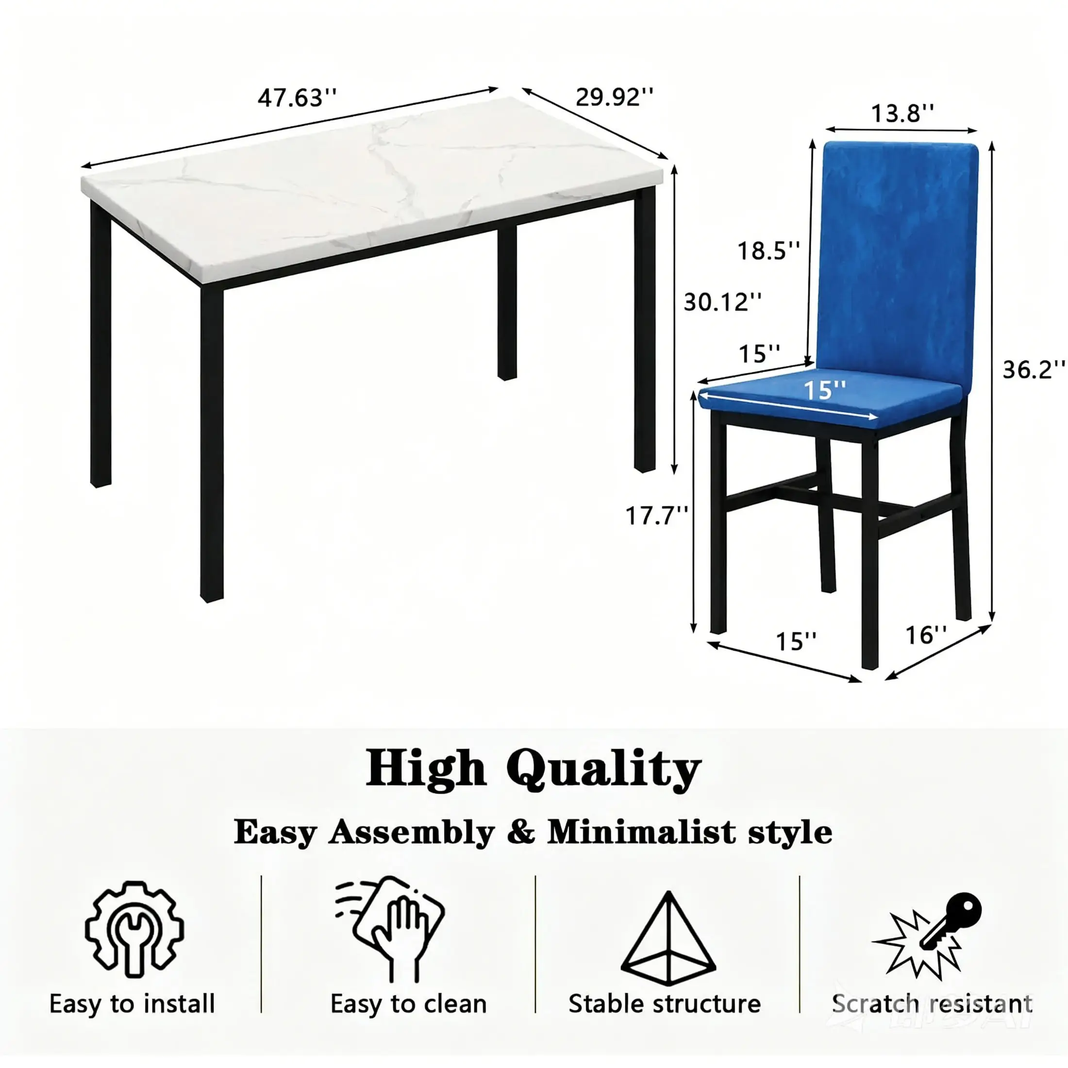 Dining Table Set for 4, Modern Marble Dine Table with 4 Velvet Chairs, Modern Kitchen Table Set for Home, Breakfast Nook, Cafeteria Dining Room, Blue