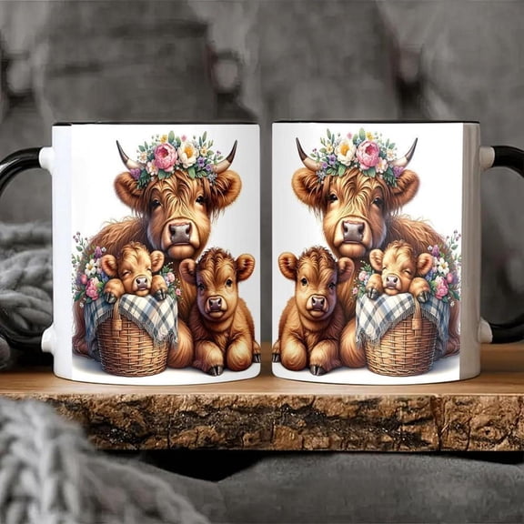 11oz Ceramic Coffee Mug with Highland Cow and Calf Design Porcelain Tea Cup Juice Milk Hand Wash Only Couples Husband Wife Girlfriend Boyfriend Ideal