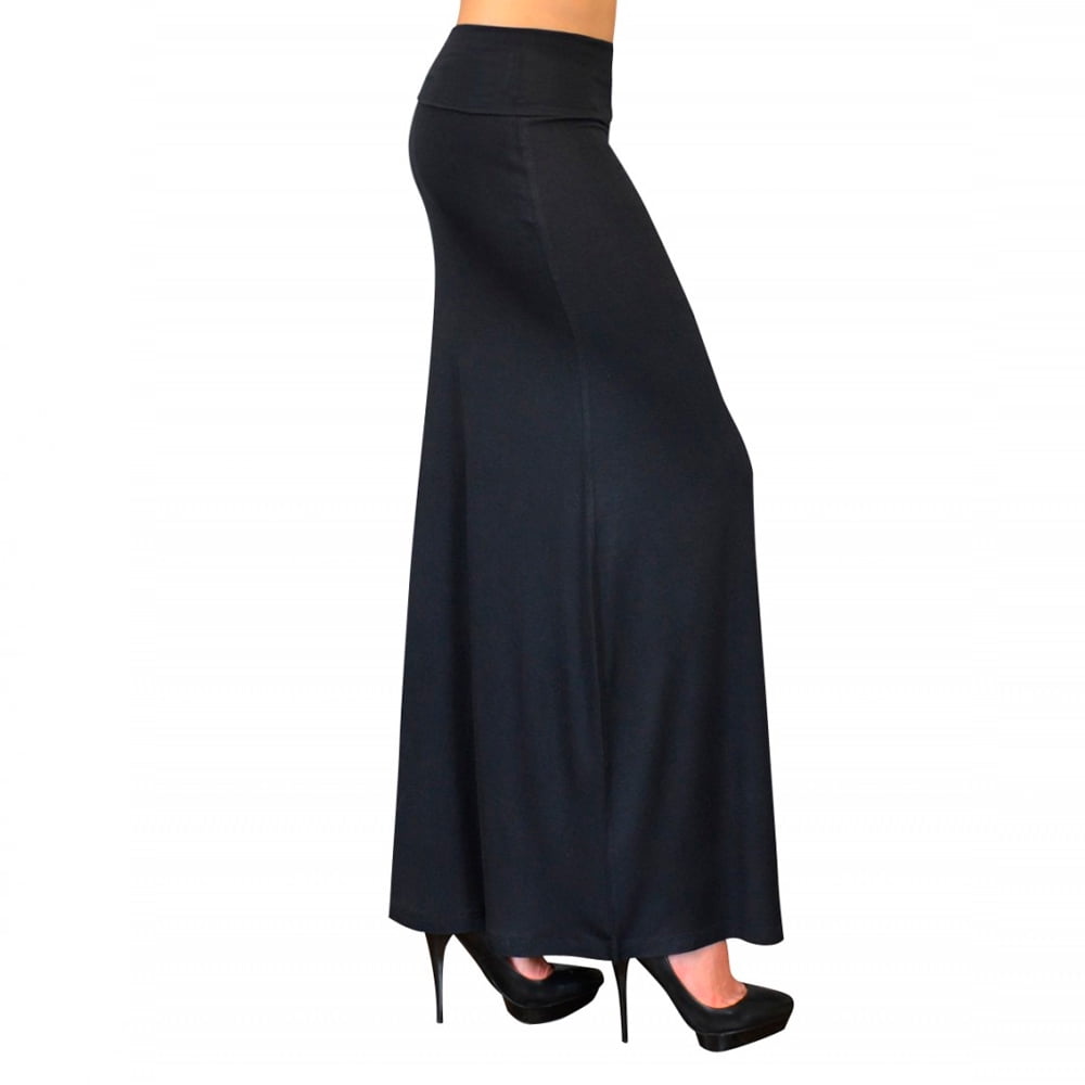 Long Skirt Black Solid Maxi Waist Foldover Full Length Light
