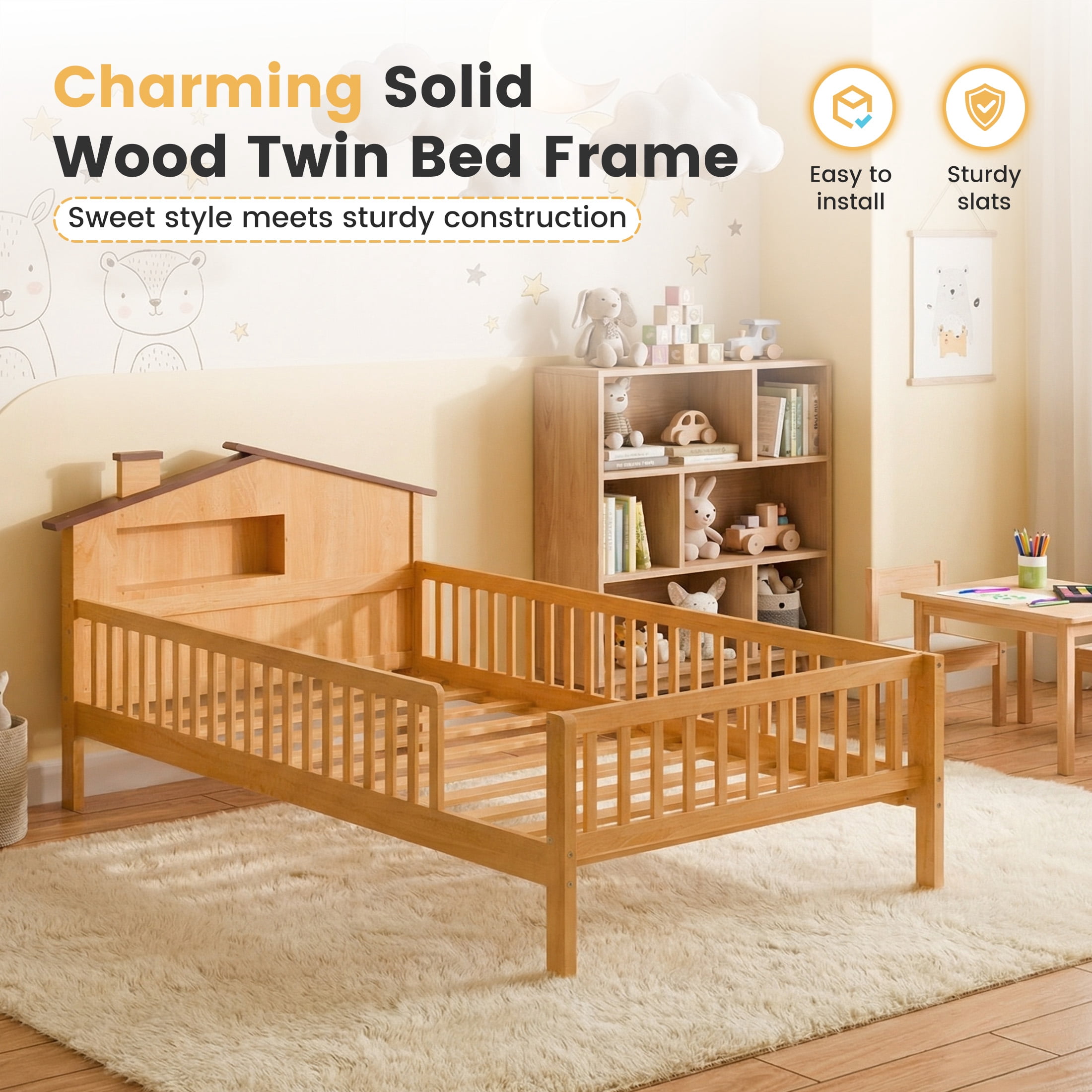edx Twin Bed Frame with Rails & Storage, Solid Wood Platform Bed with Safety Guardrails & House Headboard, Slat Support, No Box Spring Needed, Natural