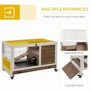 PawHut Wooden Rabbit Hutch Indoor Elevated Cage Habitat with No Leak Tray Enclosed Run with Wheels, Ideal for Rabbits and Guinea Pigs, Brown