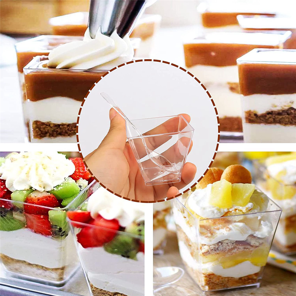 Pack of 100 Dessert Cups with Spoons, 60Ml Dessert Bowls Set, DIY Plastic Dessert Cups, Reusable Trapezoid Cups Set