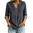 thumbnail image 4 of Kadlawus Long Sleeve Loose V Neck Denim Button Down Shirt Women Fall Casual Basic Pullover Tops Soft Stretchy Comfort Commute Travel Home Daily Wear, Black XL, 4 of 7