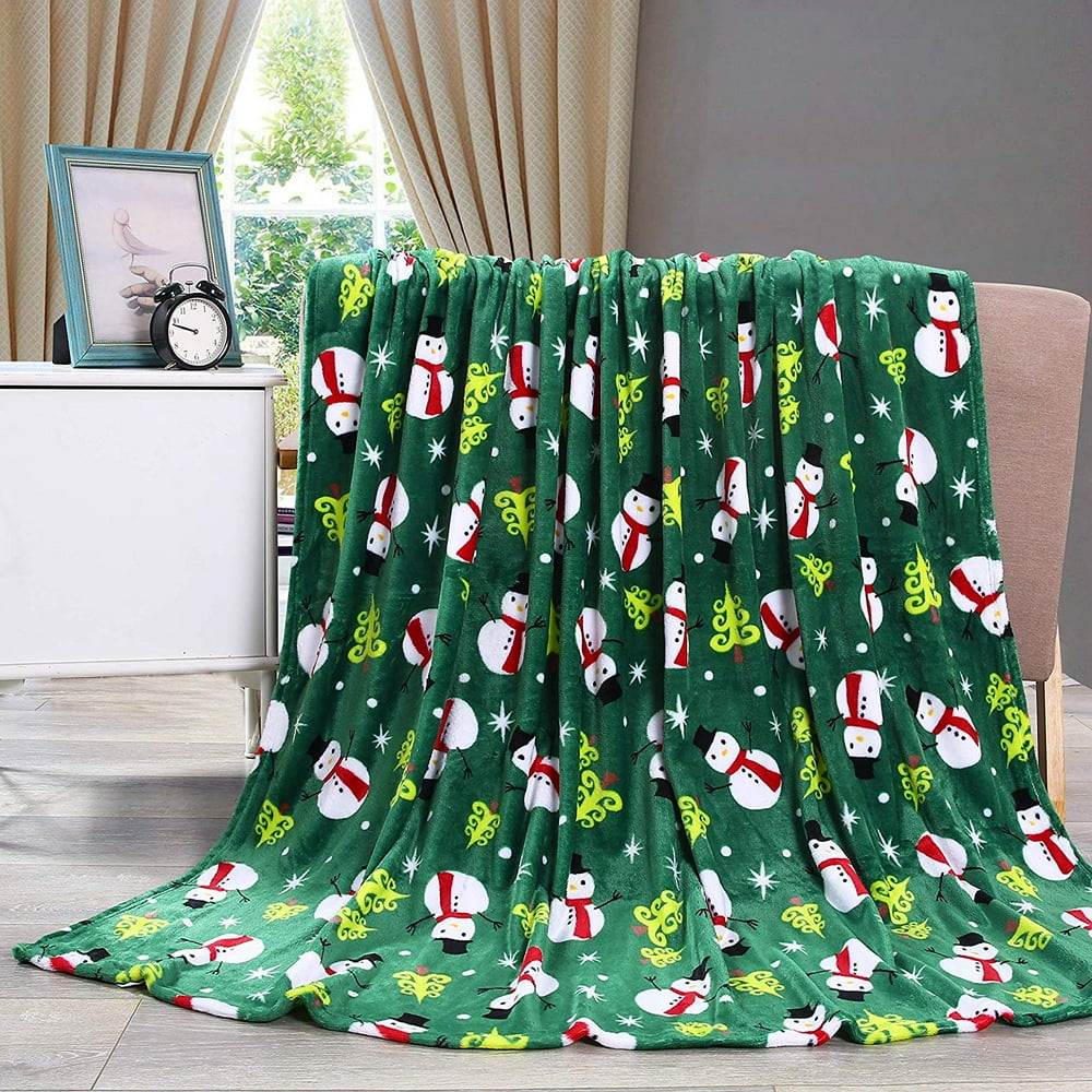 Holiday Christmas Throw Blanket, Soft & Plush, 50x60, Green Snowman