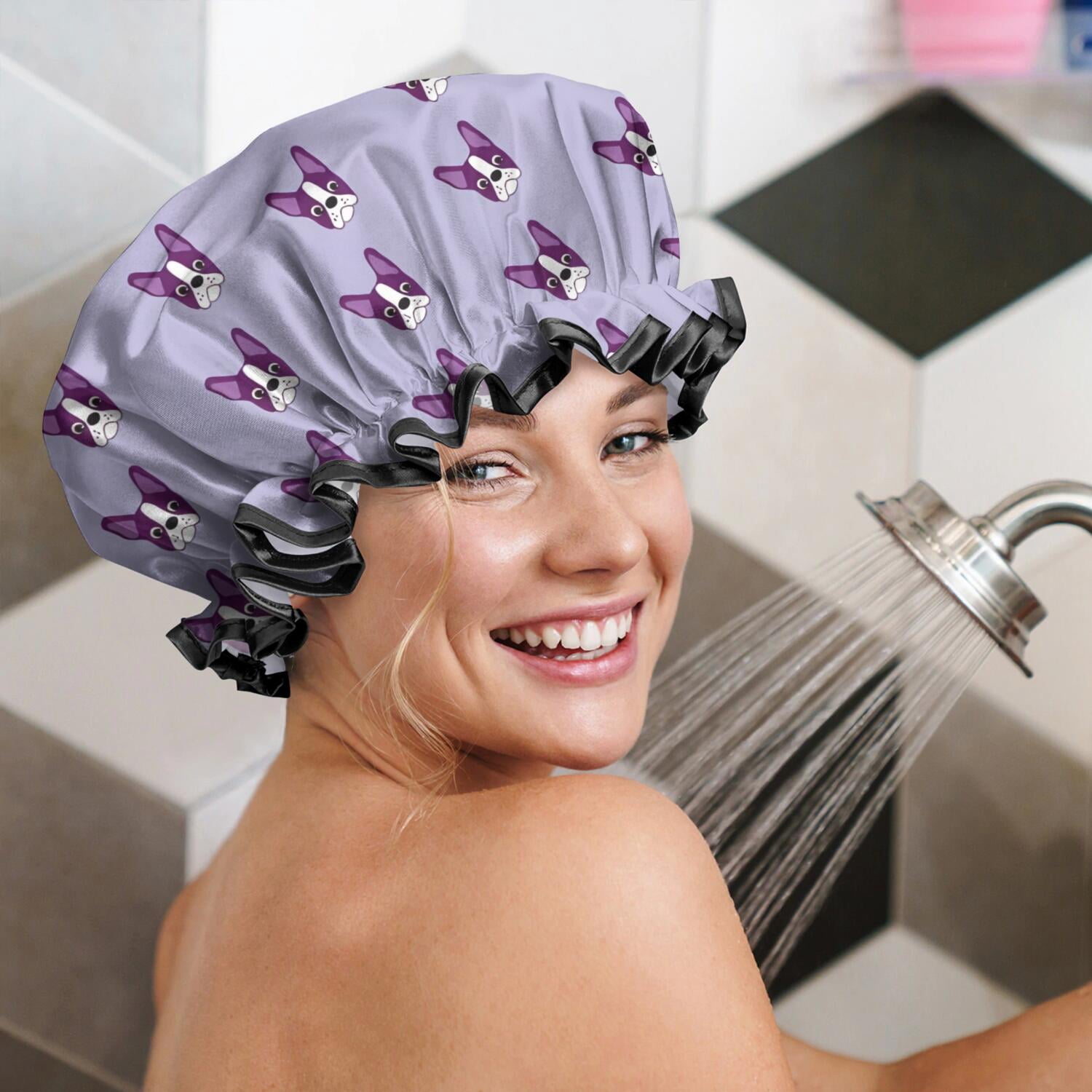 Shower Caps,Purple Boston Terrier Puppy Waterproof Shower Cap for Women 4 Pieces,Double Reusable Hair Cover for Shower PEVA Elastic Stretch Hem