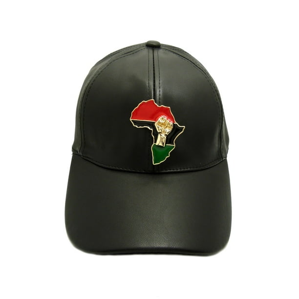 Broche de Continent Pan Africa sur Chapeau en Faux Cuir Noir, Ton Or, Poing Puissant sur Pan Africa