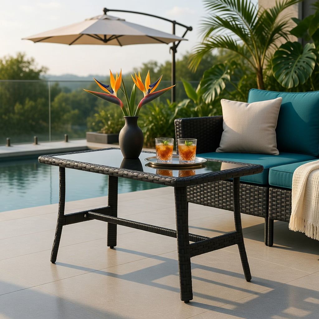 Hommoo 4-Piece PE Rattan Outdoor Conversation Set with Tempered Glass Coffee Table, Metal Frame, Backyard Patio Furniture, Turquoise