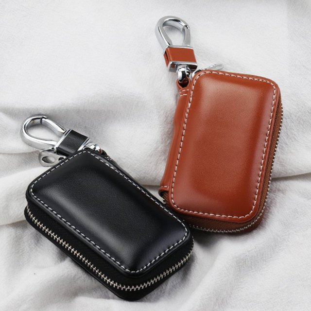 PENGXIANG Stylish Genuine Leather Car Key Fob Case Cover Keychain Zipper Bag Protector Black One Size