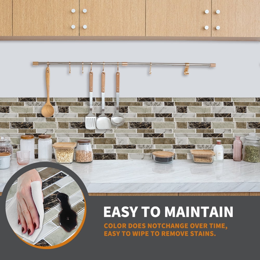 MOONFUN 10-Sheet Peel and Stick Kitchen Backsplash Tiles, 3D Waterproof Self Adhesive Wall Tile Stick on Backsplash for Kitchen and Bathroom(Brown Marble,12"×12")