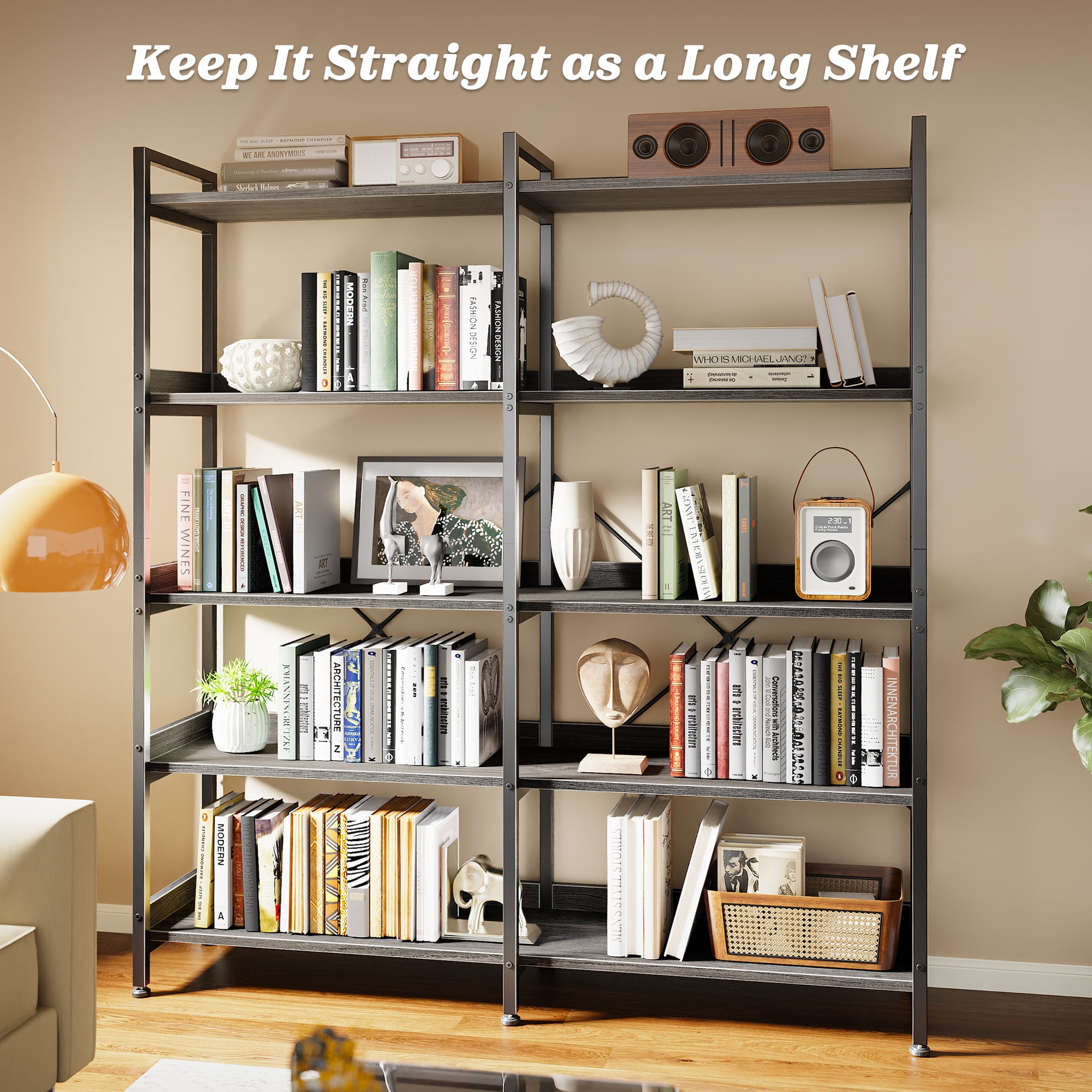 Amadwell 5-Tier Bookshelf with 10 Open Shelves, 47" Freestanding Bookcase, Sturdy Metal Frame, for Living Room, Gray