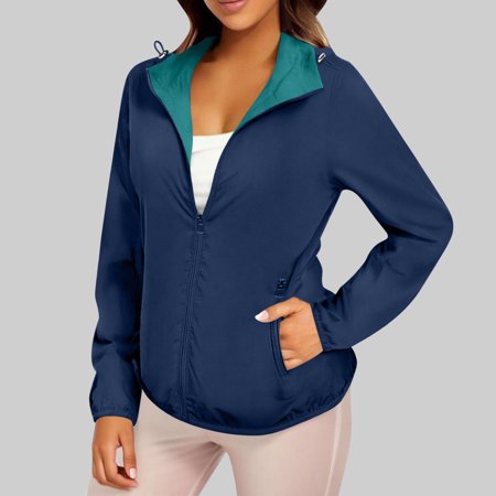 DPTALR George Women s Fashion Loose Fit Long Sleeve Hooded Rainproof Casual Jacket with Worn-Out Style Navy Size S