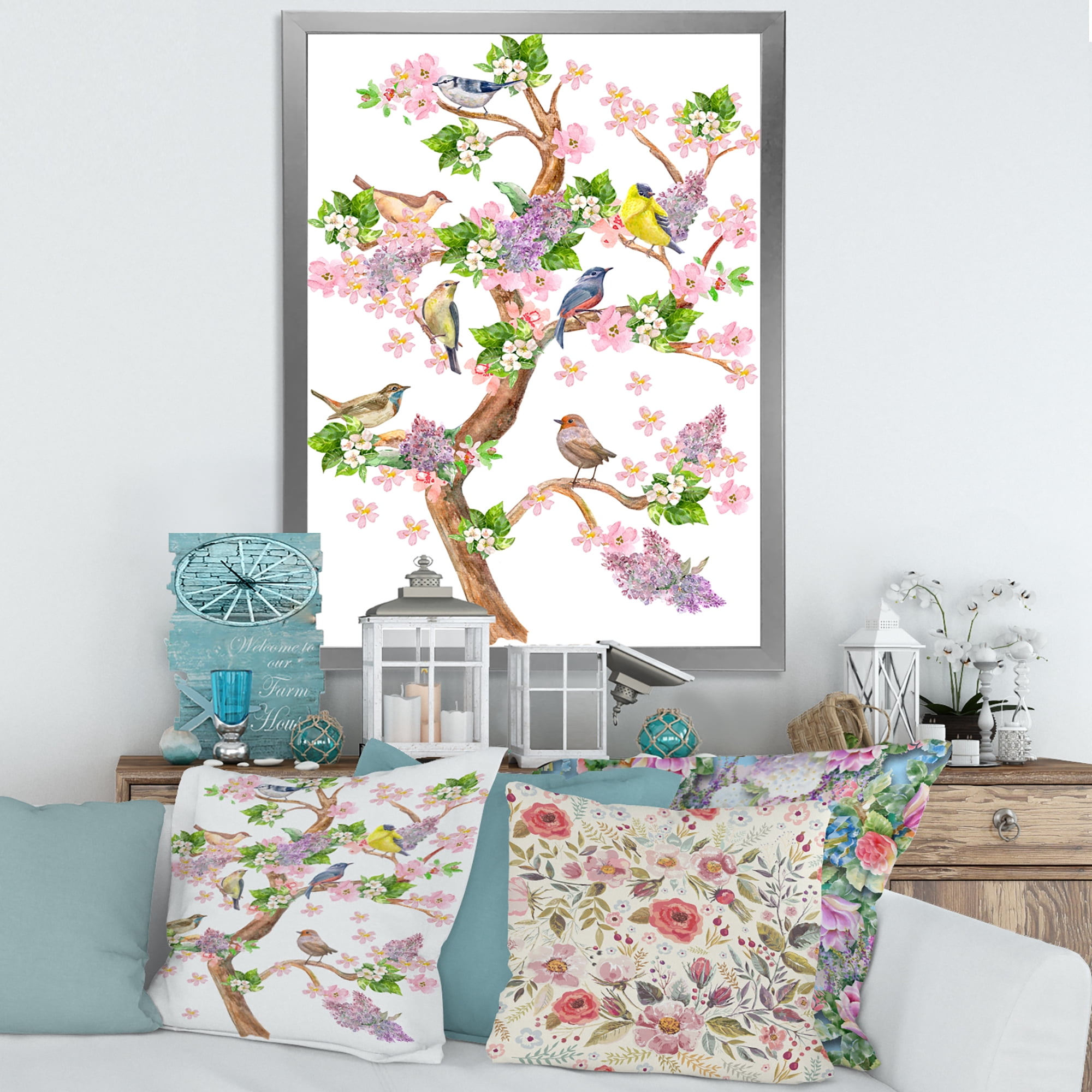 Tree With Colorful Birds Sitting On Flowering Branches 16 in x 32 in Framed Painting Canvas Art Print, by Designart