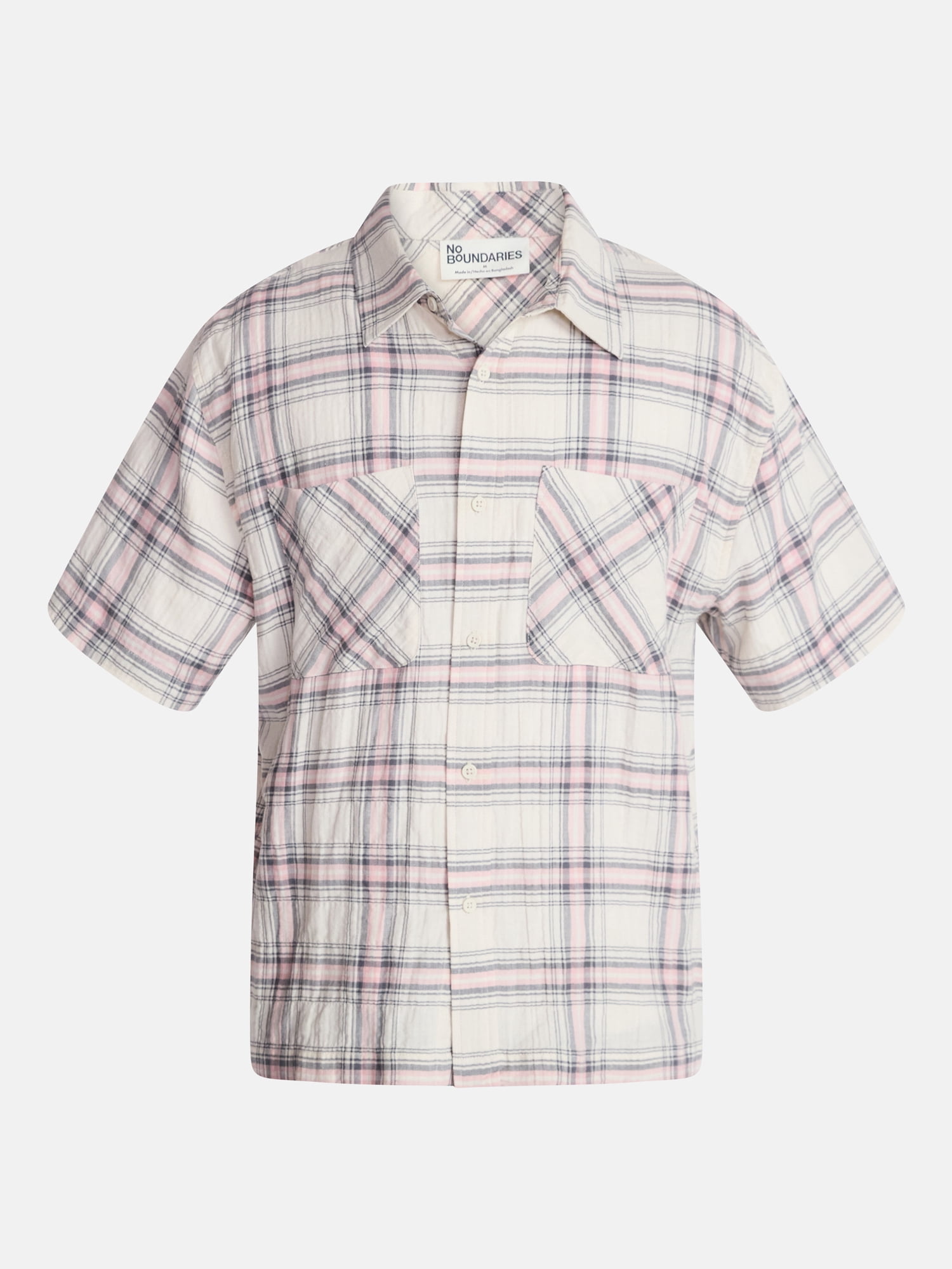 No Boundaries Textured Plaid Button Front Shirt with Short Sleeves, Men's XS-5XL
