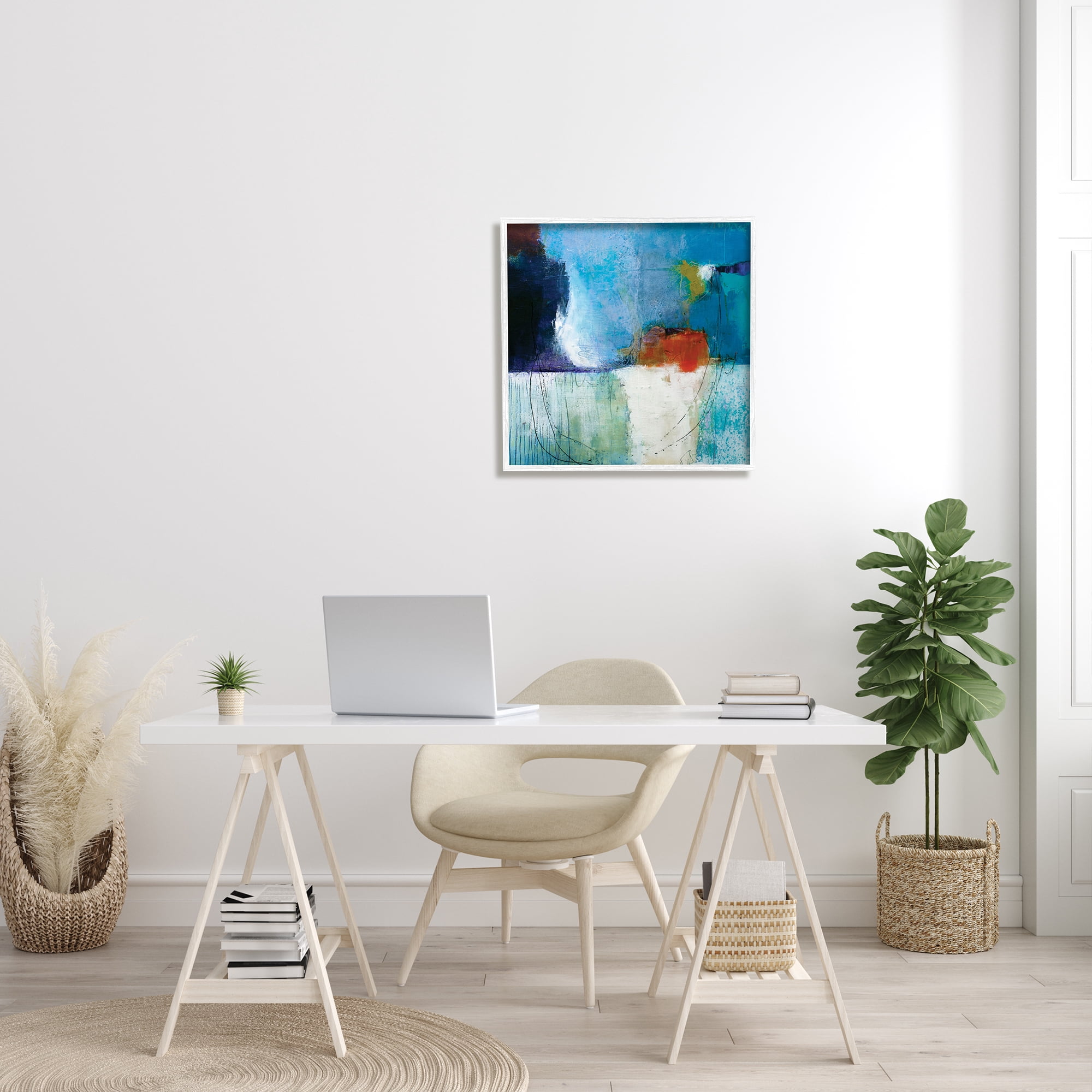 Stupell Industries Modern Paint Abstraction Blue Red White Blocks Rustic Painting White Framed Art Print Wall Art, 24 x 24, Design by Pamela K. Beer