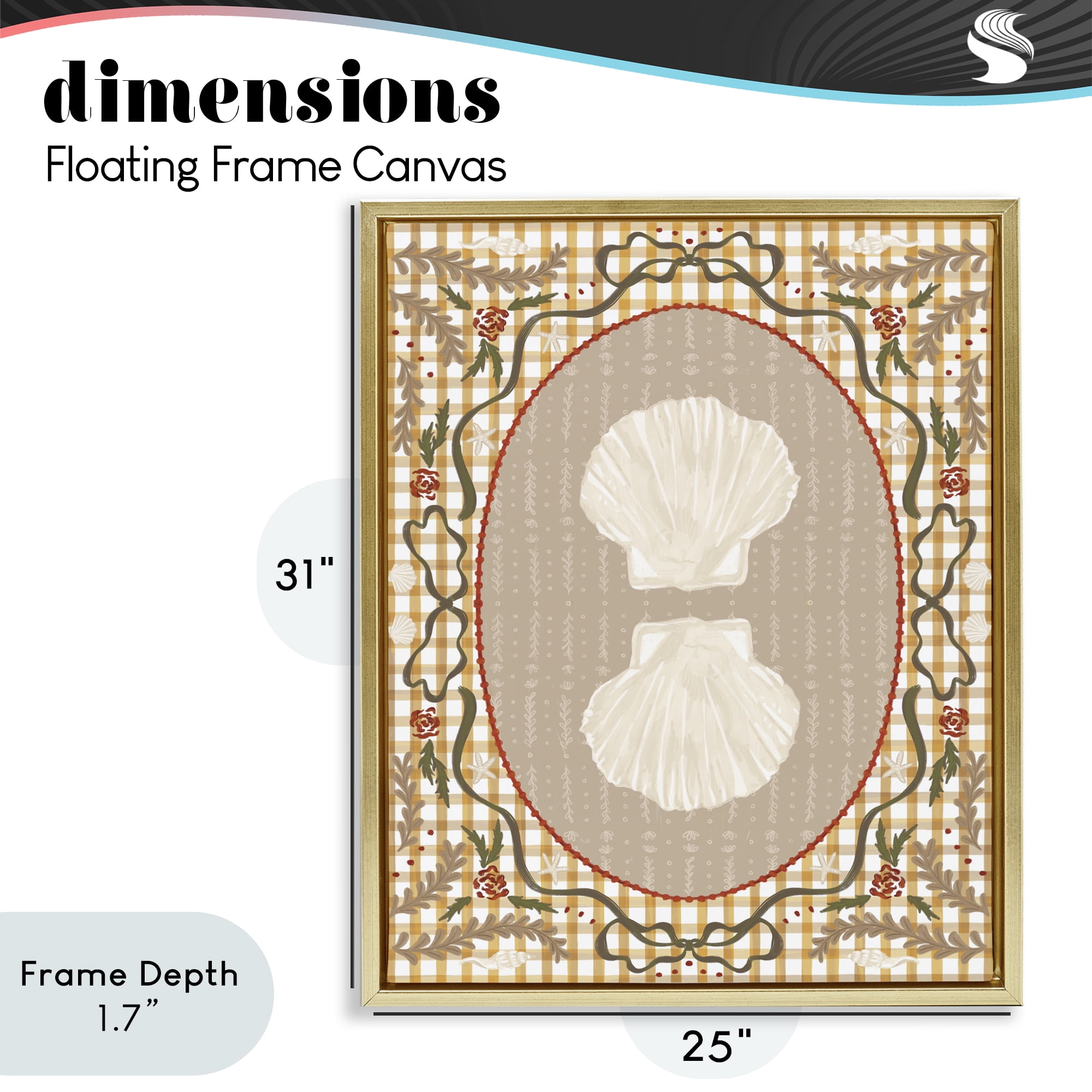 Stupell Industries Vintage Shells on Gingham Gold Framed Floater Canvas Wall Art, design by Vero Illustrates