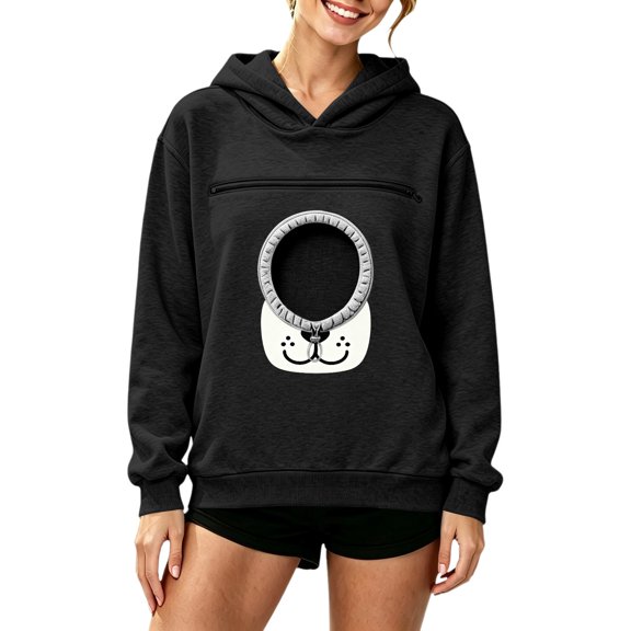 Pet Pouch Hoodie Womens Dog and Cat Carrier Hoodie Loose Fit Casual Long Sleeve Pullover with Zipper Pouch Adjustable Opening Winter Tops for Women Cute Graphic Hooded Sweatshirt