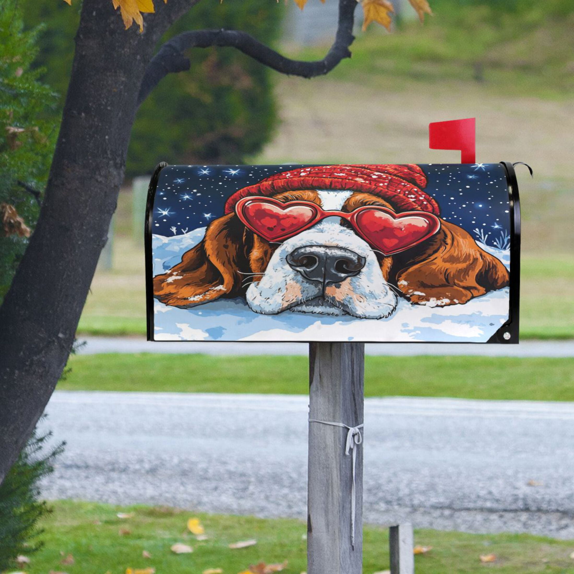 WOBOGO Snow Basset Hound Mailbox Cover Magnetic for Garden Yard Home Decor Standard Size 25.4×20.78in