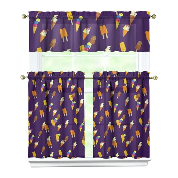 Colorful Ice Cream Pattern Kitchen Curtains 3PC Set - Sweet Treats Dessert Food Tier Curtains with Valance for Farmhouse Windows