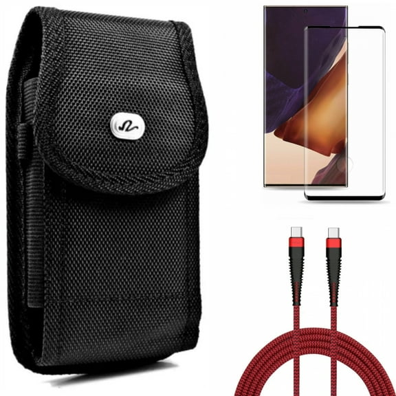 Case Belt Clip & 10ft PD Cable & Screen Protector for Samsung Galaxy Note 20 Ultra (6.9") - Combo with Rugged Holster & Type-C to USB-C Charger Cord & Tempered Glass (Fingerprint Unlock)