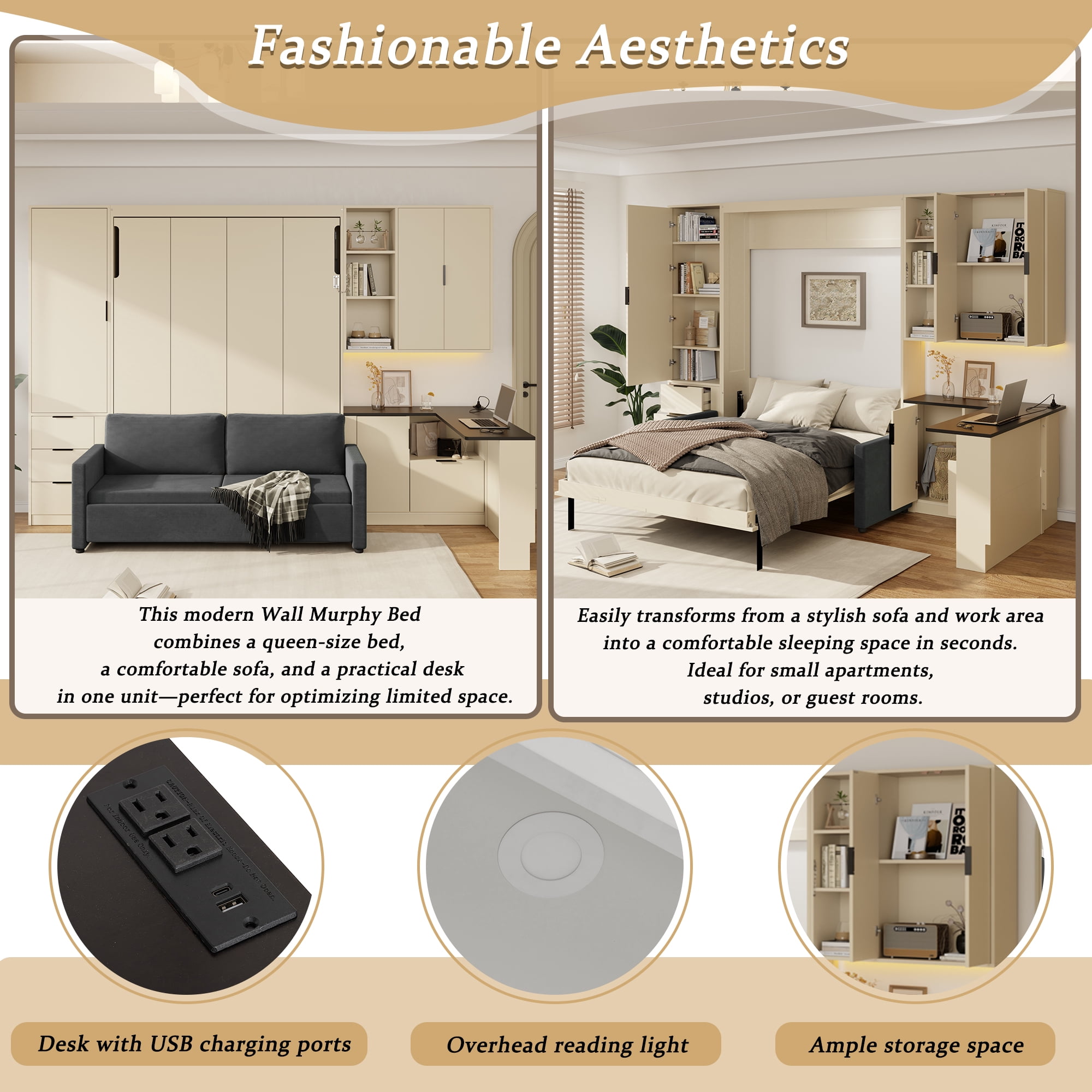 Queen Size Murphy Bed with Sofa, Writing Desk, Storage Shelves & Drawers, LED and USB for Small Space, Guest Room