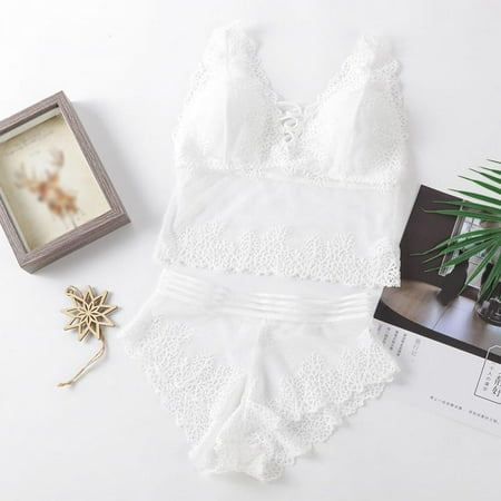 

2-Piece Lace Trim Underwear Seamless Bralette and Panty Set Sexy Camisole Transparent Lingerie (White)