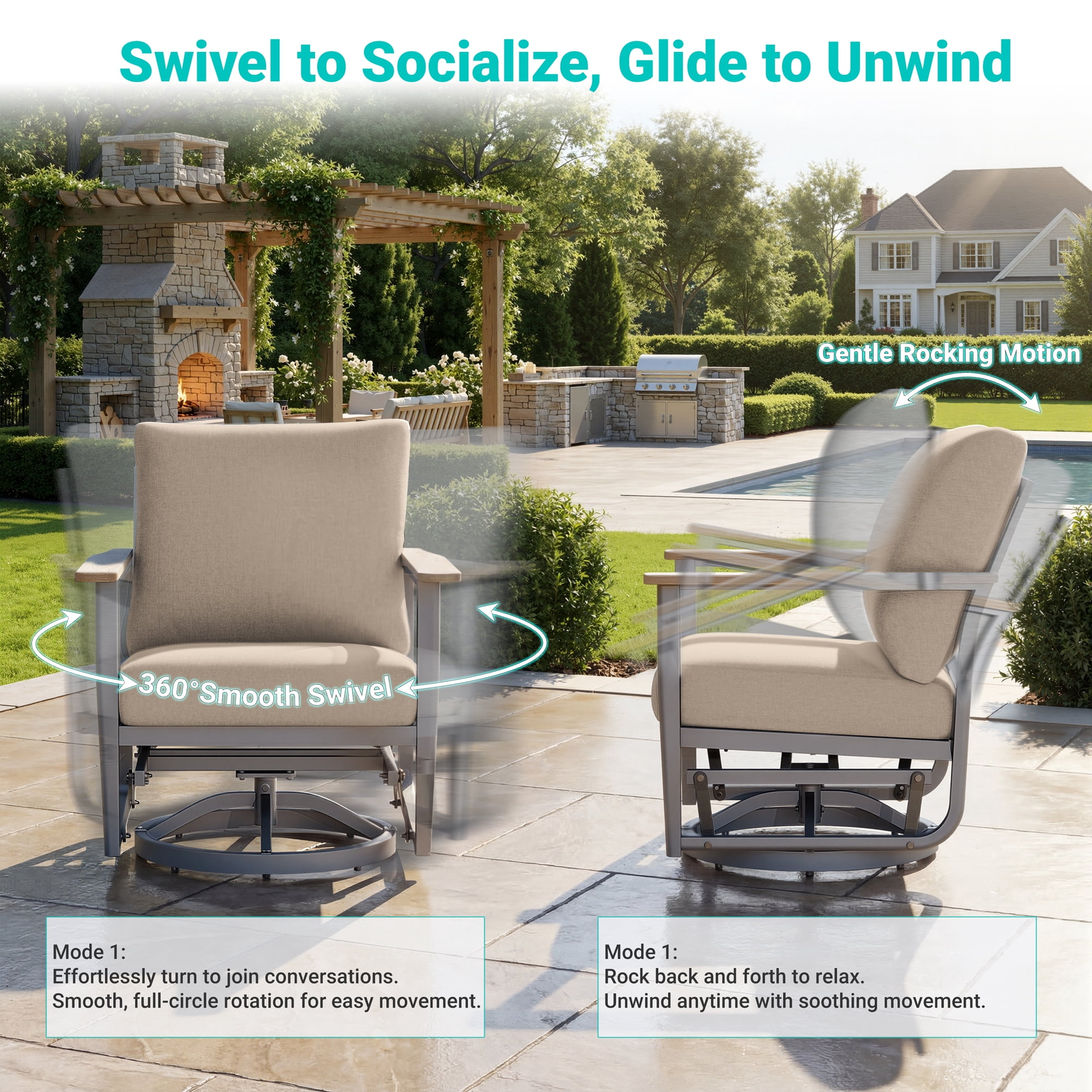 Sweecci 10 Piece Aluminum Patio Furniture Set, 55000 BTU Propane Fire Pit Table, Swivel Rocker Sofas Set with Ottomans, Outdoor Conversation Set for Backyard, Garden, Porch, Deck,Khaki