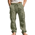 thumbnail image 2 of WULMLEO Mens Linen Cargo Pants Relaxed Fit Drawstring Waist Beach Slacks with Pockets Casual Summer Lightweight Trousers Army Green 3XL, 2 of 5