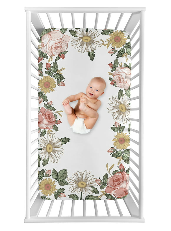 Vintage Floral Pink Green Baby Girl Photo Op Fitted Crib Sheet by Sweet Jojo Designs