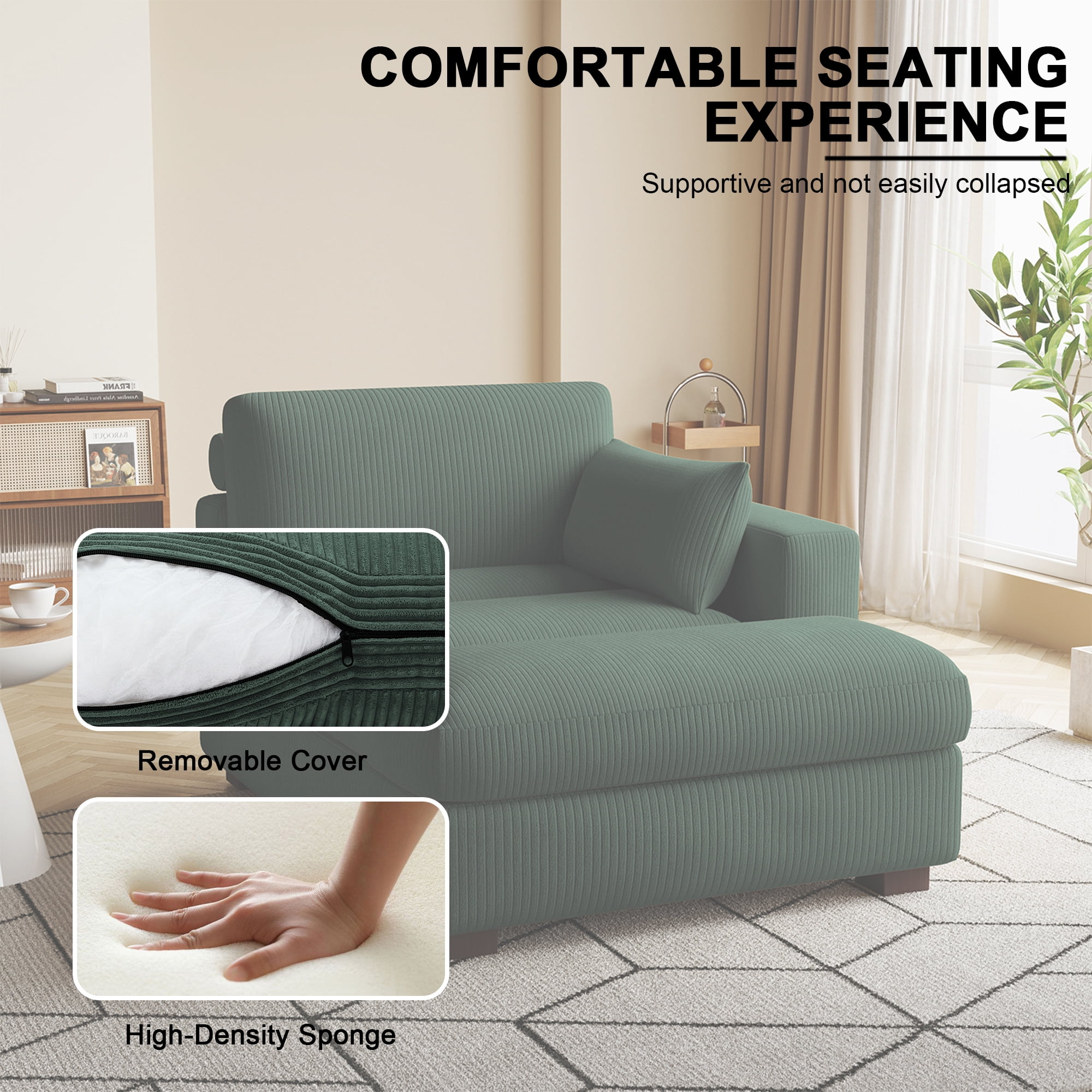 UIXE Chaise Lounge Indoor Upholstered Corduroy Sofa with Left Armrest for Living Room Bedroom, Hunter Green