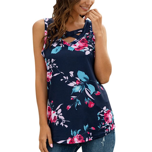 Débardeur Boho Sans Manches pour Femmes, Imprimé Floral, Col en V, Bleu Marine, TG