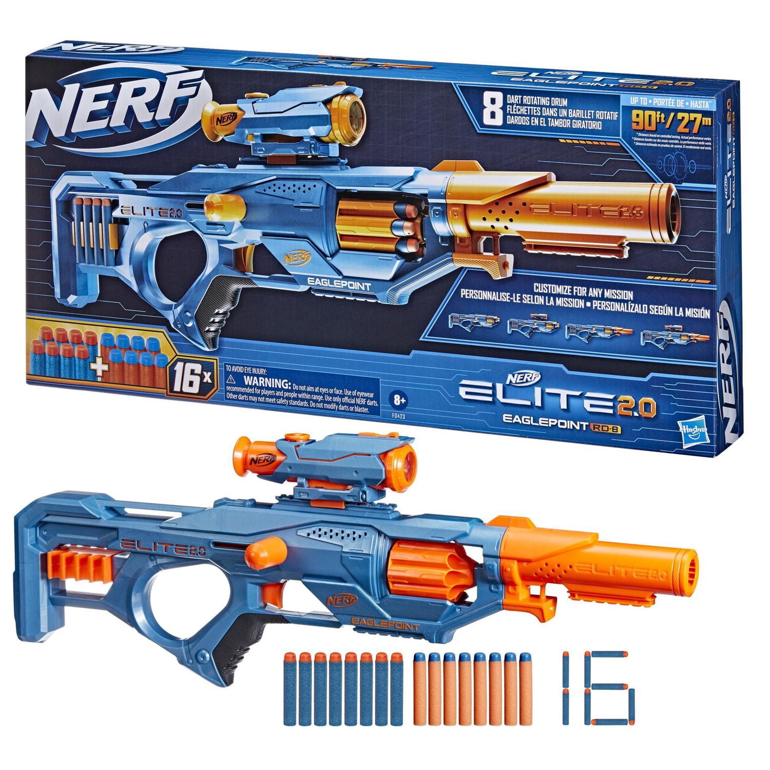 Nerf Elite 2.0 Eaglepoint RD-8 Dart Blaster, 8 Dart Drum, Nerf Scope, Barrel, 16 Nerf Elite Darts, Outdoor Toys