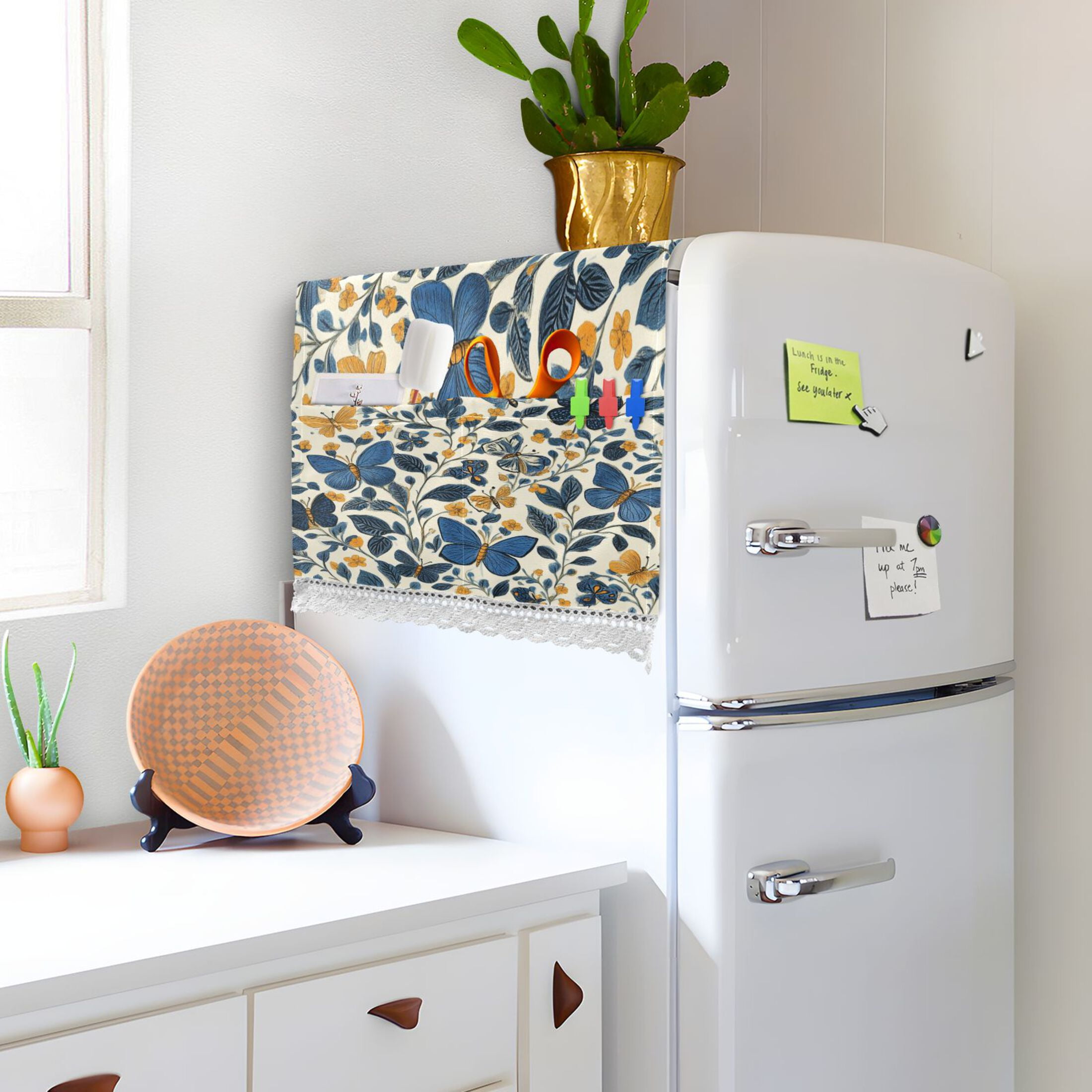 Blue ButterfliesWasher and Dryer Covers Dust-Proof and Oil Resistant Fridge Cover with 4 Storage Pockets Washing Machine Top Cover for Laundry Kitchen Home 51.2 x 22 In