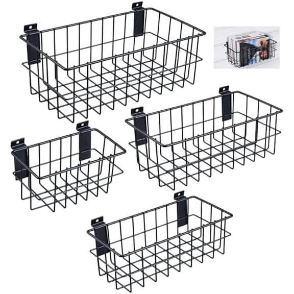 4Pcs Slatwall Basket Set Ventilated Metal Slatwall Baskets Hanging Storage Baskets for PVC Slatwall, Mounted Slatwall Accessories Storage Display on Garage Slatwall Panels$$Furniture