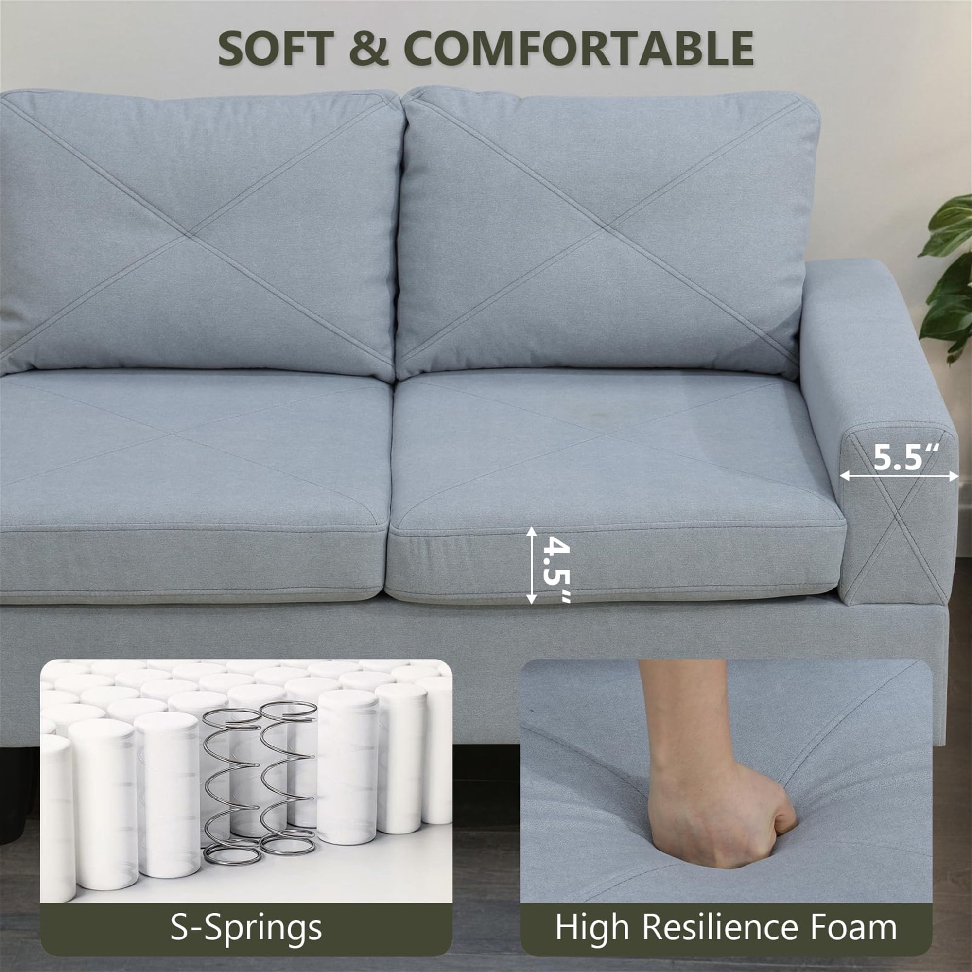 Aukfa 6-Seater L Shaped Sectional Sofa Modular Couch for Living Room, 2Pillows, Flannel, Light Gray