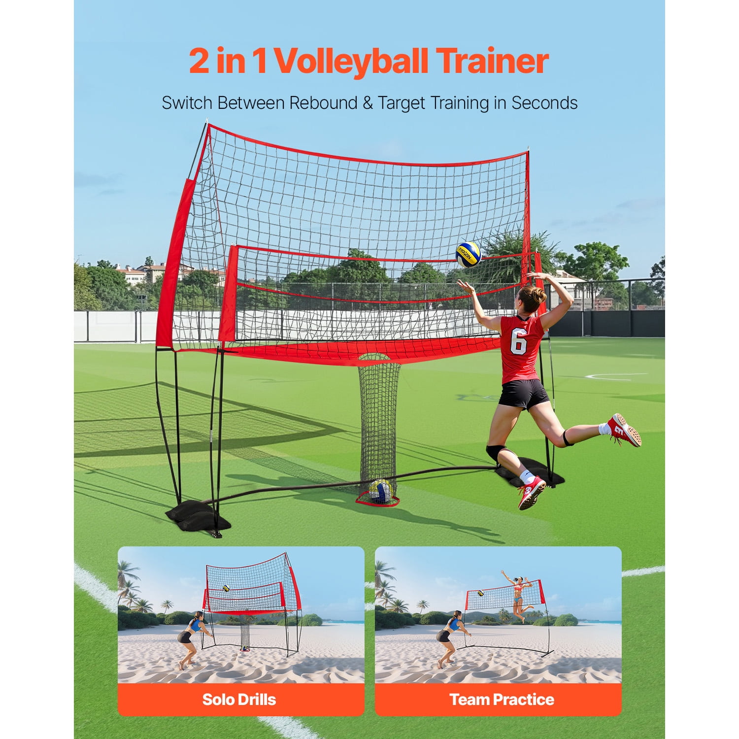 KFFKFF 2-in-1 Volleyball Training Net System with Adjustable Height, Portable Practice Equipment Featuring Ball Return for Indoor and Outdoor Use, Ideal for Serving and Spiking Accuracy Improvement